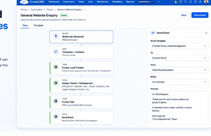 CreataCRM Flow Builder — configure workflows and automations around your business processes