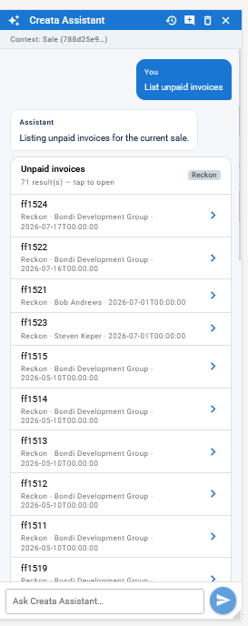 CreataCRM Mobile — Creata Assistant chat with suggested prompts and tap-to-open results