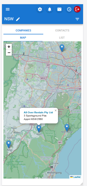 CreataCRM Mobile — companies map view with customer locations
