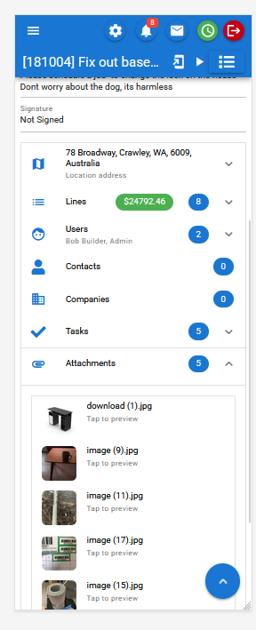 CreataCRM Mobile — job detail with timer, attachments and signature