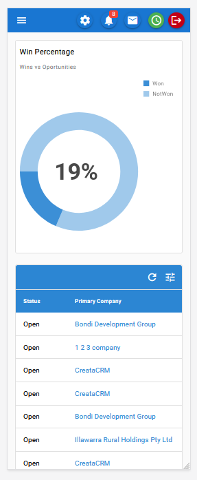 CreataCRM Mobile — interactive win percentage dashboard and open opportunities list