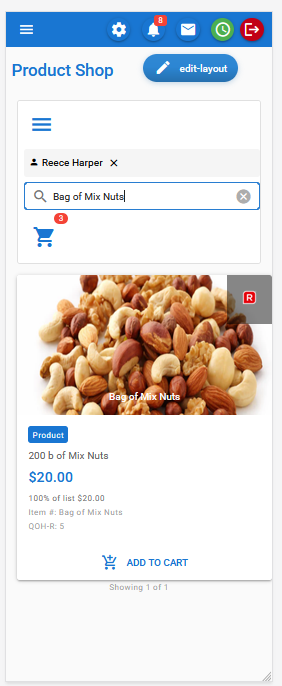 CreataCRM Mobile — Product Shop order box with customer and cart
