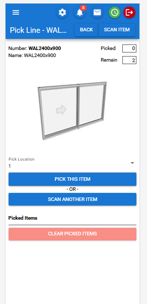 CreataCRM Mobile — warehouse pick line with barcode scan