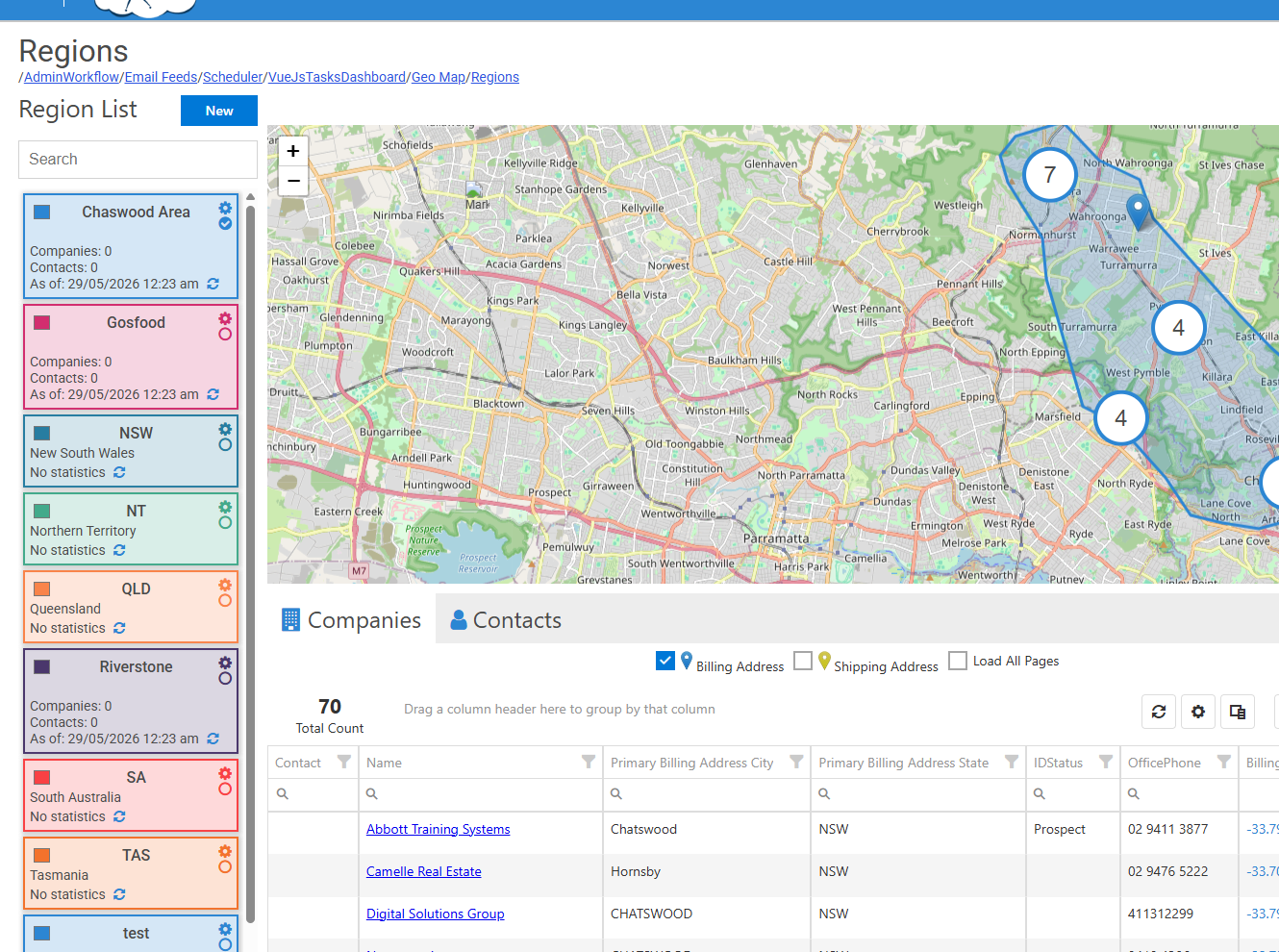 CreataCRM regions module with map and territory view
